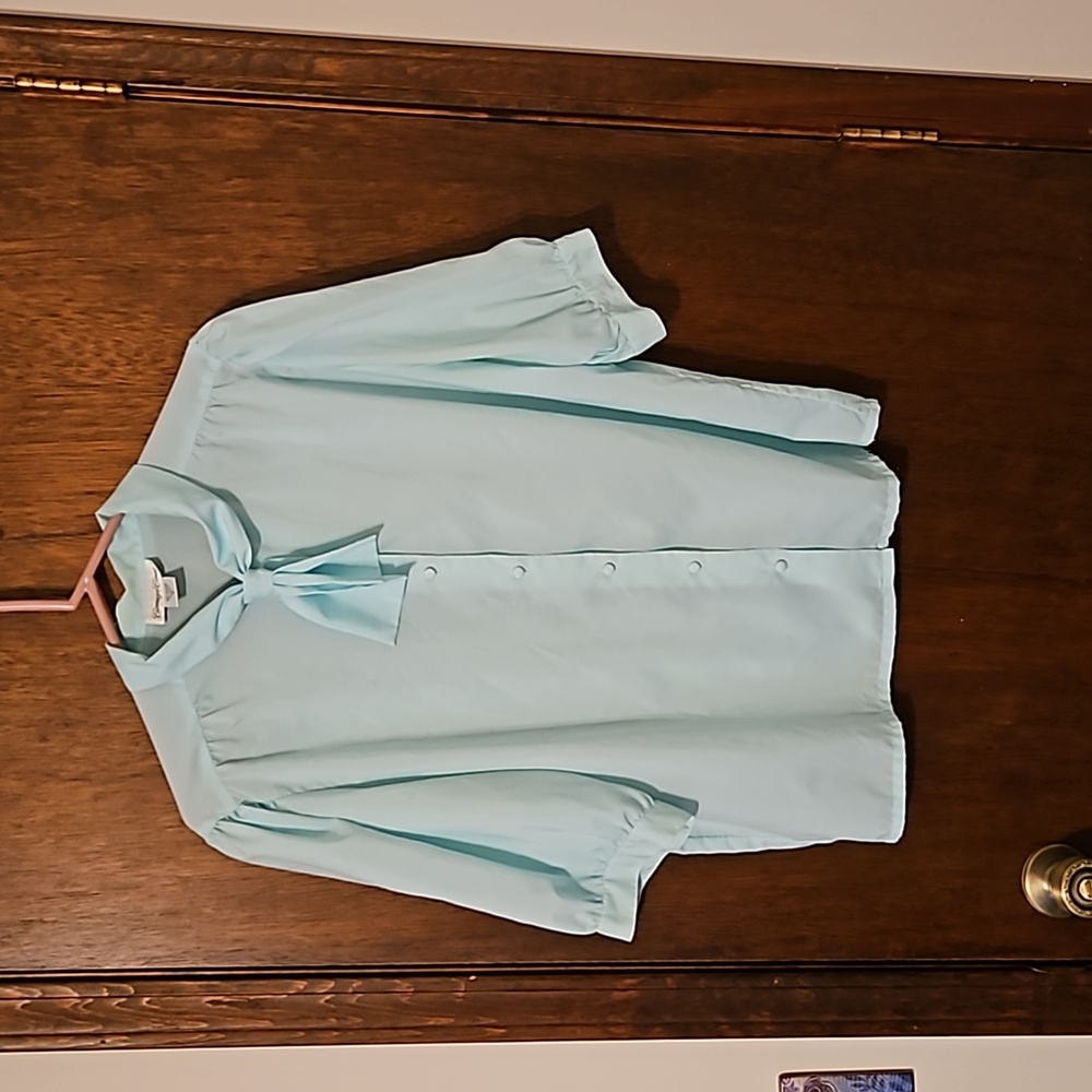 Blouse, mint green, silky feeling, material covered buttons, sleeve length above